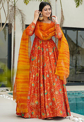 Digital Printed Art Silk Abaya Style Suit in Orange
