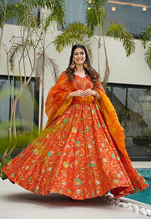 Digital Printed Art Silk Abaya Style Suit in Orange