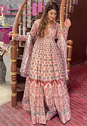 Digital Printed Art Silk Abaya Style Suit in Peach