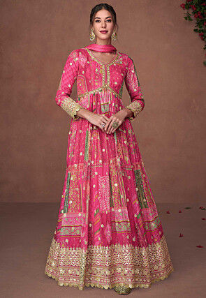 Digital Printed Art Silk Abaya Style Kameez in Pink