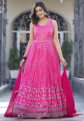 Digital Printed Art Silk Abaya Style Suit in Pink