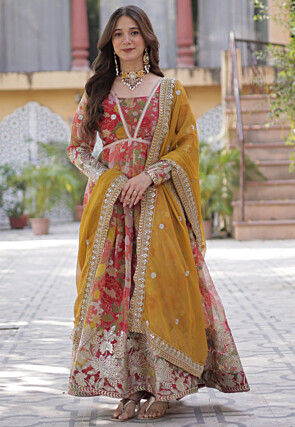 Digital Printed Art Silk Abaya Style Suit in Pink