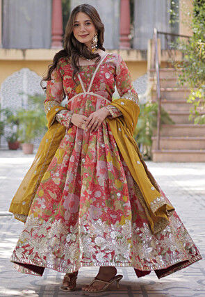 Digital Printed Art Silk Abaya Style Suit in Pink