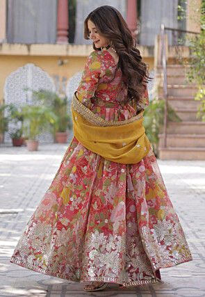 Digital Printed Art Silk Abaya Style Suit in Pink