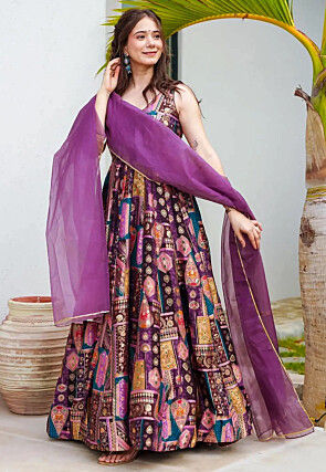 Digital Printed Art Silk Abaya Style Suit in Purple