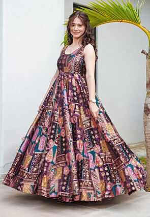 Digital Printed Art Silk Abaya Style Suit in Purple