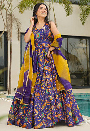 Digital Printed Art Silk Abaya Style Suit in Purple