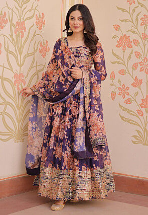 Digital Printed Art Silk Abaya Style Suit in Purple