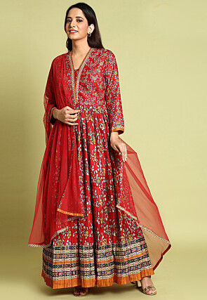 Digital Printed Art Silk Abaya Style Suit in Red