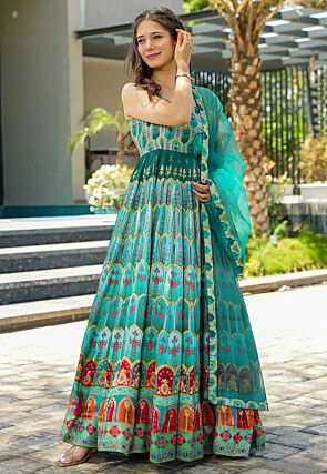 Digital Printed Art Silk Abaya Style Suit in Sea Green