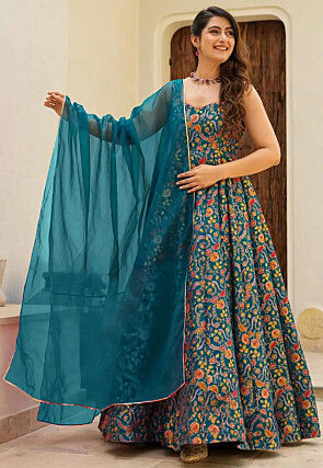 Digital Printed Art Silk Abaya Style Suit in Teal Blue