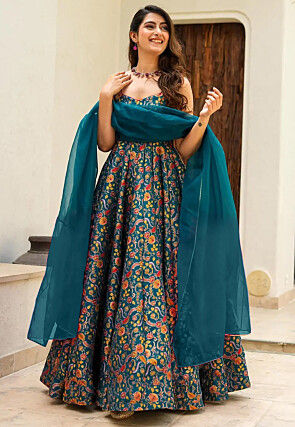Digital Printed Art Silk Abaya Style Suit in Teal Blue