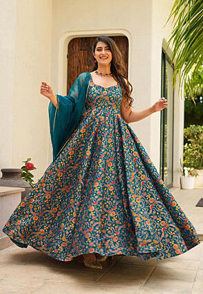Digital Printed Art Silk Abaya Style Suit in Teal Blue