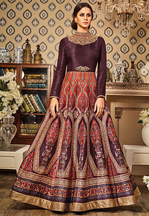 Digital Printed Art Silk Abaya Style Suit in Wine and Orange