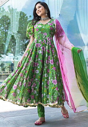Digital Printed Art Silk Ananrkali Suit in Green