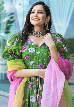 Digital Printed Art Silk Ananrkali Suit in Green