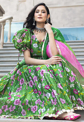 Digital Printed Art Silk Ananrkali Suit in Green