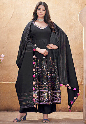 Digital Printed Art Silk Anarkali Suit in Black
