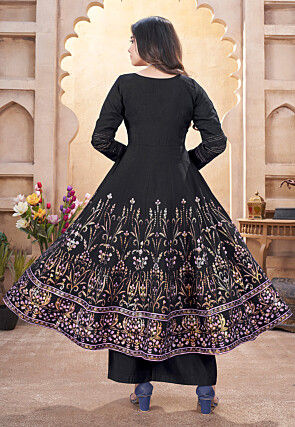 Digital Printed Art Silk Anarkali Suit in Black