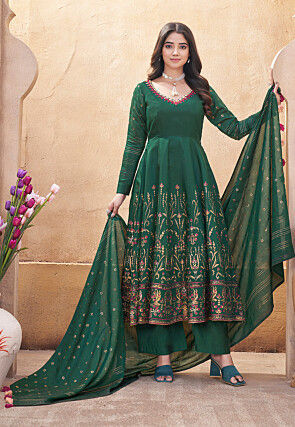 Digital Printed Art Silk Anarkali Suit in Dark Green