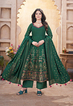 Digital Printed Art Silk Anarkali Suit in Dark Green