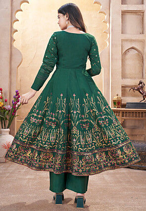 Digital Printed Art Silk Anarkali Suit in Dark Green
