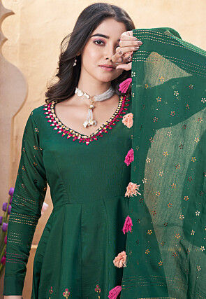 Digital Printed Art Silk Anarkali Suit in Dark Green