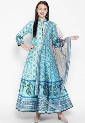 Digital Printed Art Silk Anarkali Suit in Light Blue