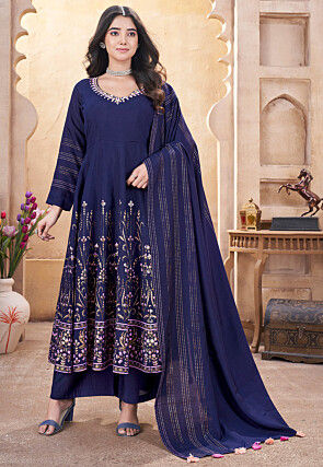 Digital Printed Art Silk Anarkali Suit in Navy Blue