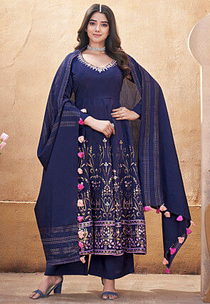 Digital Printed Art Silk Anarkali Suit in Navy Blue