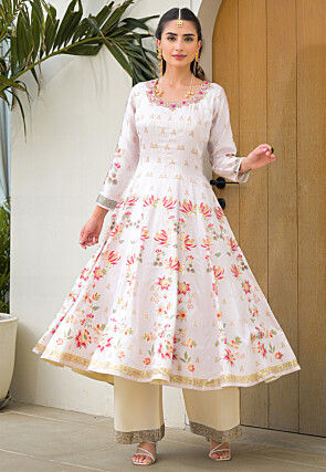 Digital Printed Art Silk Anarkali Suit in Off White