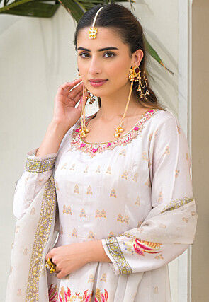 Digital Printed Art Silk Anarkali Suit in Off White