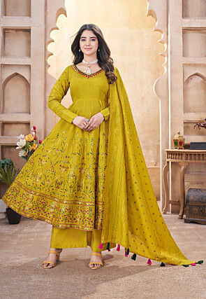 Digital Printed Art Silk Anarkali Suit in Olive Green
