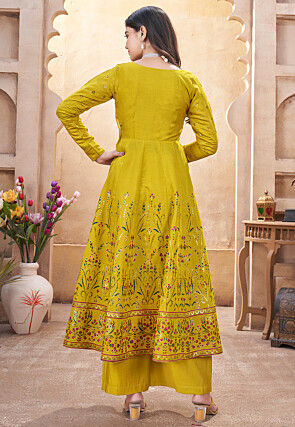 Digital Printed Art Silk Anarkali Suit in Olive Green