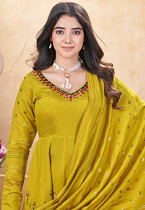 Digital Printed Art Silk Anarkali Suit in Olive Green