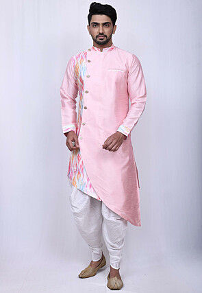 Digital Printed Art Silk Asymmetric Dhoti Sherwani in Pink