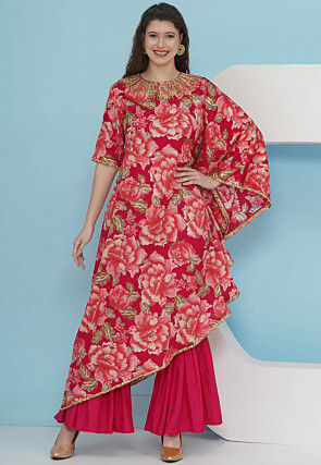 Digital Printed Art Silk Asymmetric Kurta Set in Fuchsia