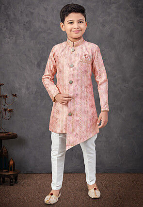 Digital Printed Art Silk Asymmetric Sherwani in Peach