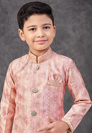 Digital Printed Art Silk Asymmetric Sherwani in Peach