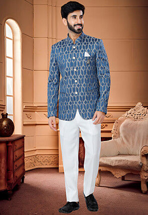 Digital Printed Art Silk Jodhpuri Suit in Blue