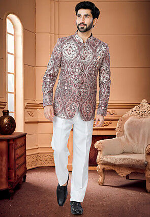 Digital Printed Art Silk Jodhpuri Suit in Brown 