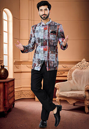 Digital Printed Art Silk Jodhpuri Suit in Multicolor