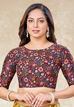 Digital Printed Art Silk Blouse in Maroon