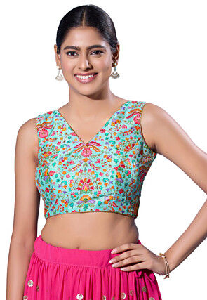 Digital Printed Art Silk Blouse in Sky Blue