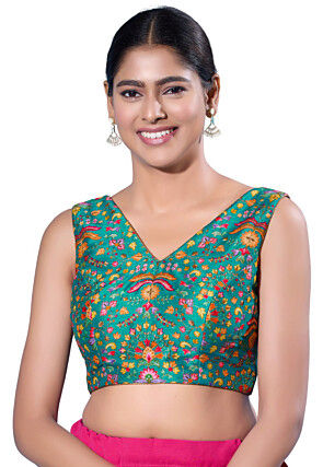 Digital Printed Art Silk Blouse in Teal Blue