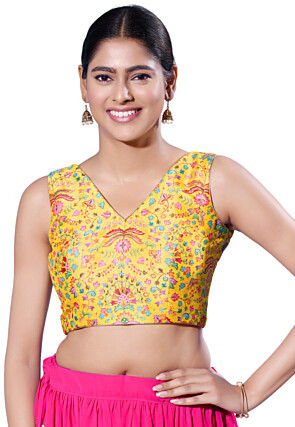 Digital Printed Art Silk Blouse in Yellow