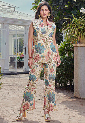 Digital Printed Art Silk Co Ord Set in Cream