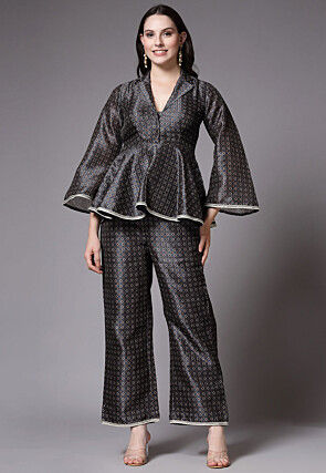 Digital Printed Art Silk Co Ord Set in Dark Grey