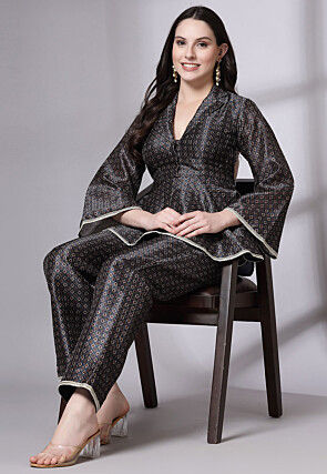 Digital Printed Art Silk Co Ord Set in Dark Grey