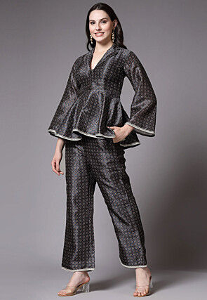 Digital Printed Art Silk Co Ord Set in Dark Grey